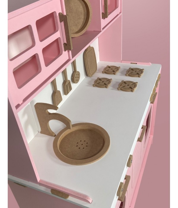 Pembe Boyalı  Ahşap Oyuncak Mutfak