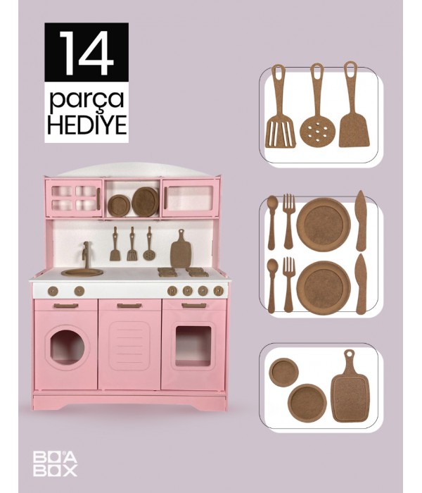 Ahşap oyuncak mutfak bebek pembe ahşap eğitici mutfak
