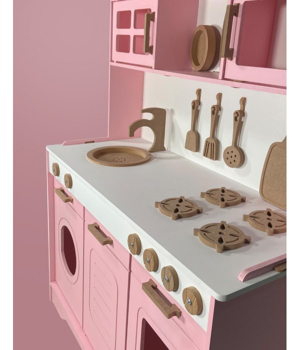 Ahşap oyuncak mutfak bebek pembe ahşap eğitici mutfak